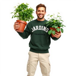 A cheerful gardener dressed in a dark green sweatshirt that features the words 'JARDINS - FOLHA VERDE', paired with light cream pants that have pockets and sturdy work boots