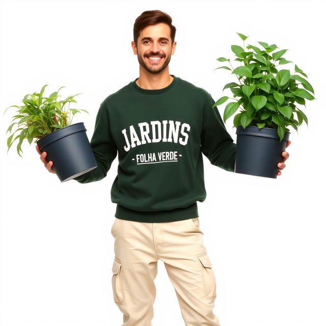 A cheerful gardener dressed in a dark green sweatshirt that features the words 'JARDINS - FOLHA VERDE', paired with light cream pants that have pockets and sturdy work boots