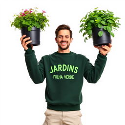 A cheerful gardener dressed in a dark green sweatshirt that features the words 'JARDINS - FOLHA VERDE', paired with light cream pants that have pockets and sturdy work boots
