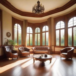 A grand, warm living room with tasteful furniture and decor. Sun rays are entering through the large windows on the well-polished wooden floor.