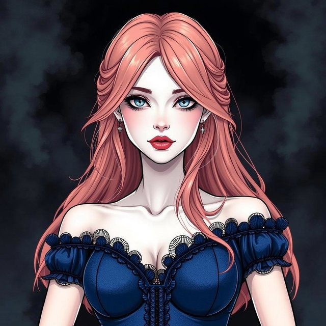 A beautiful woman with long, flowing pink hair and striking green eyes, wearing a dark blue gothic dress with ruffled sleeves and intricate lace detailing