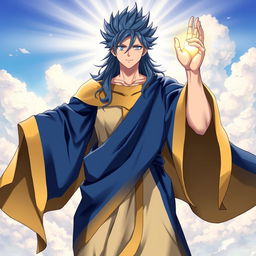 A powerful illustration of Jellal Fernandez from Fairy Tail reimagined as a Christ-like figure, complete with his spiky blue hair and the prominent tattoo on his left eye