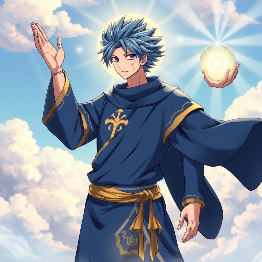 A powerful illustration of Jellal Fernandez from Fairy Tail reimagined as a Christ-like figure, complete with his spiky blue hair and the prominent tattoo on his left eye