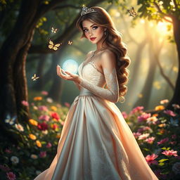 A beautiful princess standing in a lush, enchanted forest, adorned in an elegant gown made of flowing silk and intricate lace, embellished with sparkling jewels