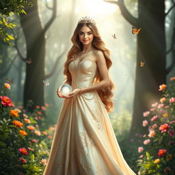 A beautiful princess standing in a lush, enchanted forest, adorned in an elegant gown made of flowing silk and intricate lace, embellished with sparkling jewels