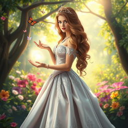 A beautiful princess standing in a lush, enchanted forest, adorned in an elegant gown made of flowing silk and intricate lace, embellished with sparkling jewels