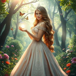 A beautiful princess standing in a lush, enchanted forest, adorned in an elegant gown made of flowing silk and intricate lace, embellished with sparkling jewels