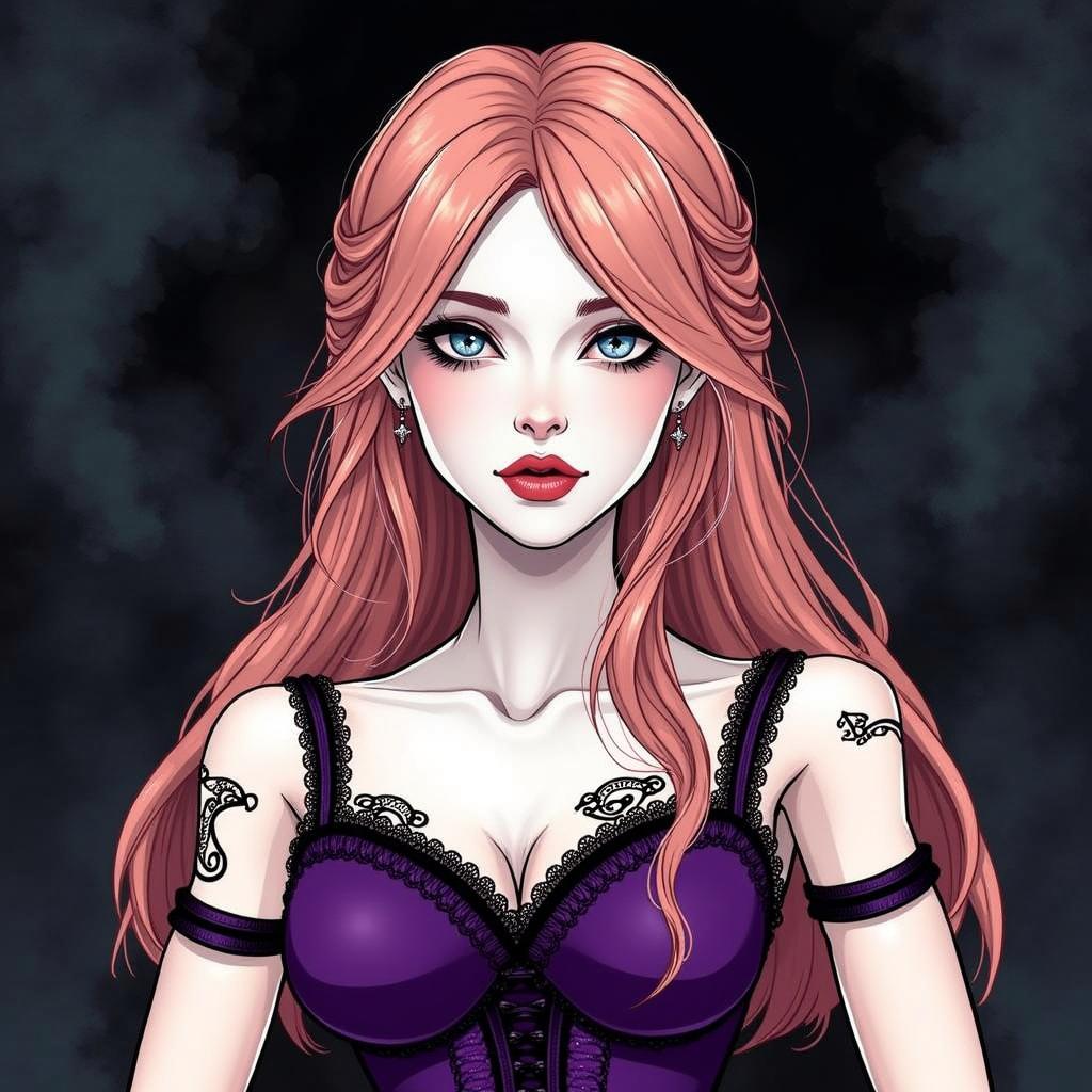 A beautiful woman with long, flowing pink hair and striking green eyes, wearing a purple gothic dress with ruffled sleeves and intricate lace detailing