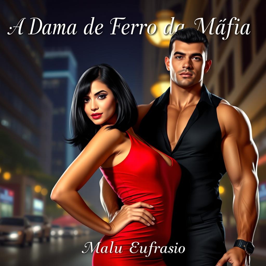 A beautiful woman with shoulder-length black hair, wearing a stunning red dress that accentuates her lovely figure, poses confidently