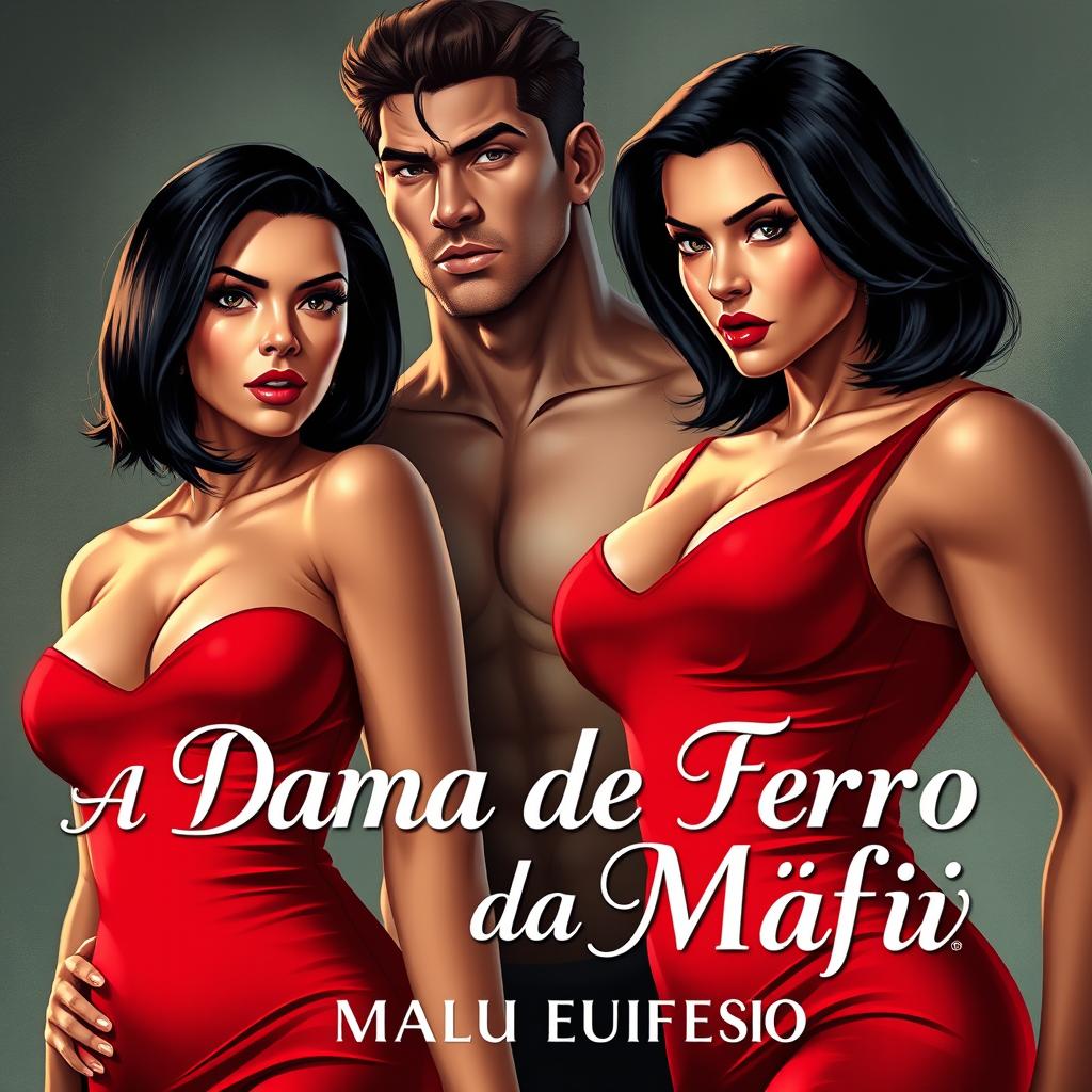 A stunning woman with shoulder-length black hair and an attractive physique, wearing a striking red dress