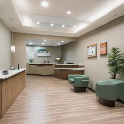 A sizable reception area in a dental clinic, comfortably furnished with 15 chairs. Other elements include a neat reception desk, informational literature on side tables, ambient lighting, and a soothing color palette.