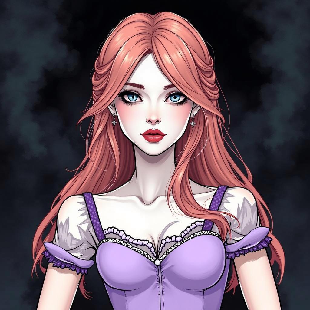A captivating female character with long, flowing hair in a soft shade of pink, styled elegantly