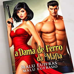 A captivating book cover featuring a beautiful woman with shoulder-length black hair and an attractive figure, dressed in a striking red dress
