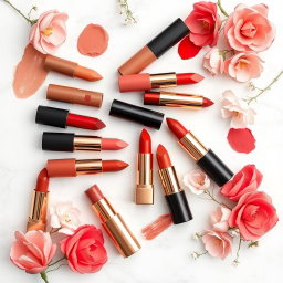 An artistic flat lay showcasing a variety of lipstick shades arranged aesthetically