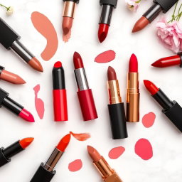 An artistic flat lay showcasing a variety of lipstick shades arranged aesthetically