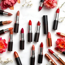 An artistic flat lay showcasing a variety of lipstick shades arranged aesthetically