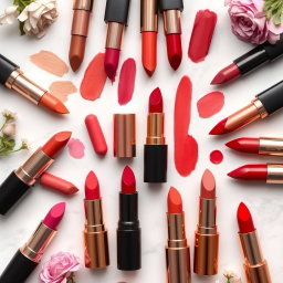 An artistic flat lay showcasing a variety of lipstick shades arranged aesthetically