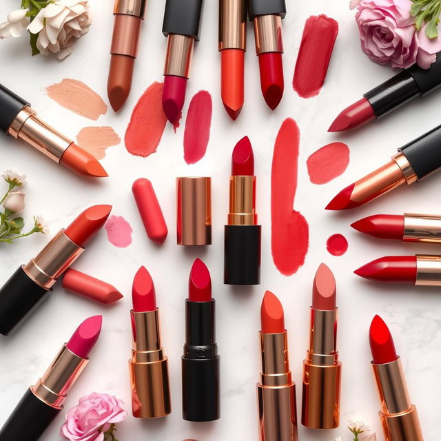 An artistic flat lay showcasing a variety of lipstick shades arranged aesthetically