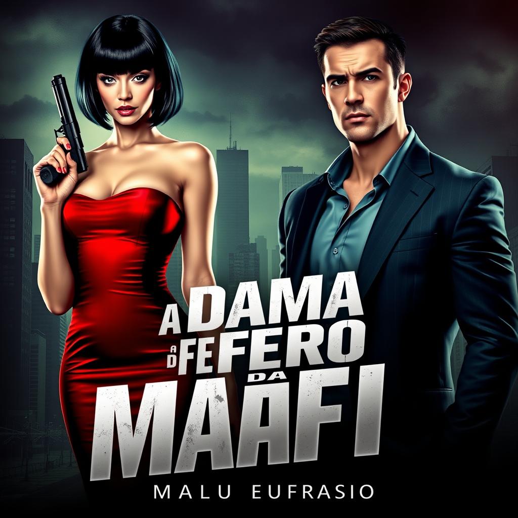 A stunningly beautiful woman with shoulder-length black hair, wearing a glamorous red dress that elegantly hugs her body, holding a sleek firearm in one hand