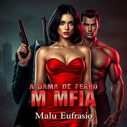 A stunningly beautiful woman with shoulder-length black hair, wearing a glamorous red dress that elegantly hugs her body, holding a sleek firearm in one hand