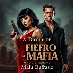 A stunningly beautiful woman with shoulder-length black hair, wearing a glamorous red dress that elegantly hugs her body, holding a sleek firearm in one hand