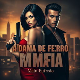 A stunningly beautiful woman with shoulder-length black hair, wearing a glamorous red dress that elegantly hugs her body, holding a sleek firearm in one hand