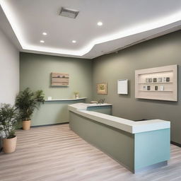 A sizable reception area in a dental clinic, comfortably furnished with 15 chairs. Other elements include a neat reception desk, informational literature on side tables, ambient lighting, and a soothing color palette.