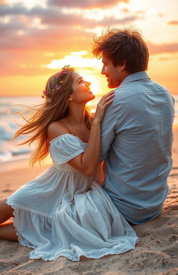 A romantic scene depicting two lovers sitting on a sunset-lit beach, gazing into each other's eyes