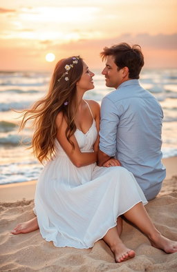 A romantic scene depicting two lovers sitting on a sunset-lit beach, gazing into each other's eyes