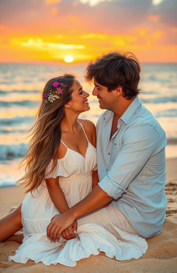 A romantic scene depicting two lovers sitting on a sunset-lit beach, gazing into each other's eyes