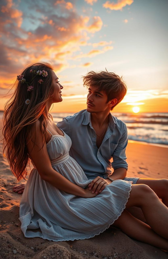 A romantic scene depicting two lovers sitting on a sunset-lit beach, gazing into each other's eyes