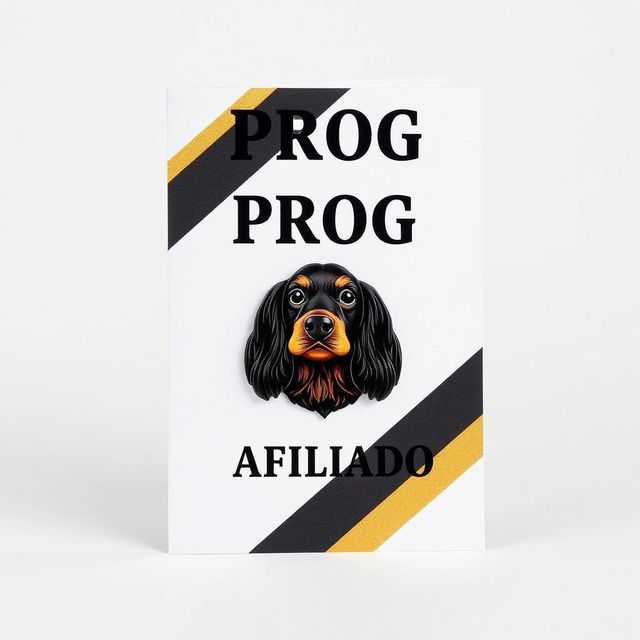 A diagonal card designed in black and gold with stripes, prominently displaying the word 'PROG' in bold letters at the top, and beneath it, the word 'AFILIADO' in a slightly smaller font