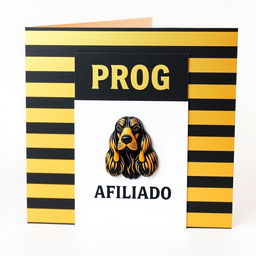 A diagonal card designed in black and gold with stripes, prominently displaying the word 'PROG' in bold letters at the top, and beneath it, the word 'AFILIADO' in a slightly smaller font