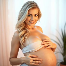 A beautiful, sexy blonde woman with striking blue eyes, showcasing her pregnancy