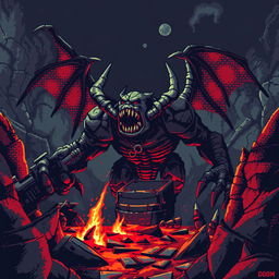 Pixel art inspired by the style of DOOM (1993), featuring a dark and gritty atmosphere