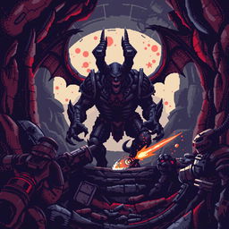 Pixel art inspired by the style of DOOM (1993), featuring a dark and gritty atmosphere