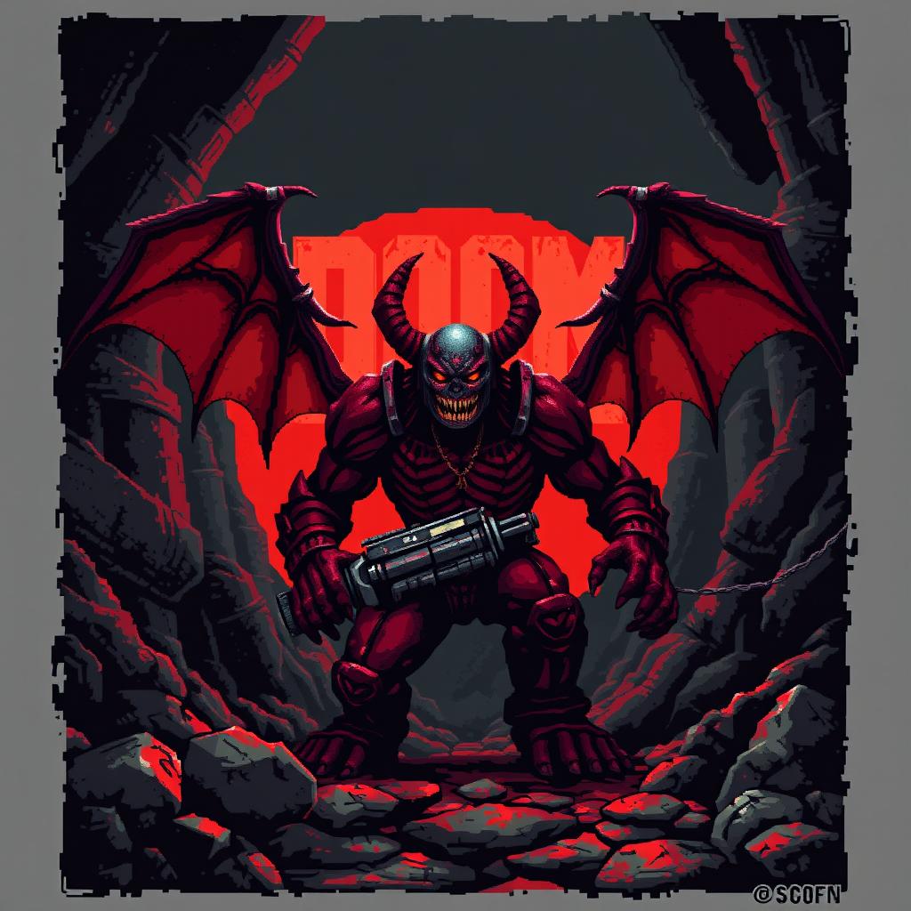 Pixel art inspired by the style of DOOM (1993), featuring a dark and gritty atmosphere