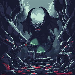 Pixel art inspired by the style of DOOM (1993), featuring a dark and gritty atmosphere