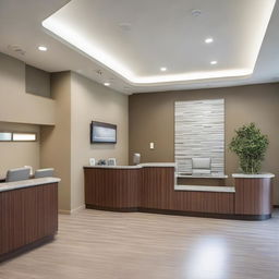 A sizable reception area in a dental clinic, comfortably furnished with 15 chairs. Other elements include a neat reception desk, informational literature on side tables, ambient lighting, and a soothing color palette.