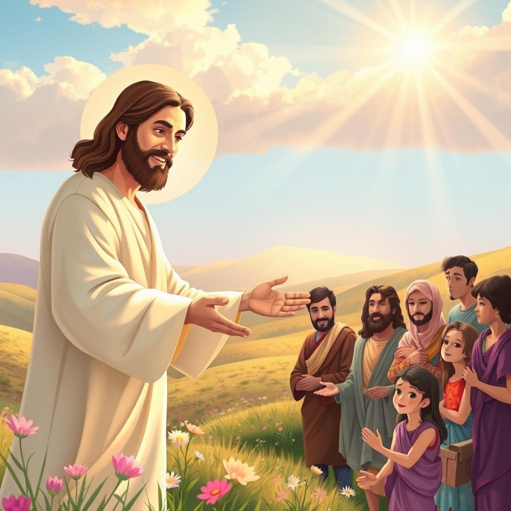 A beautifully illustrated scene capturing the essence of the story of Jesus, showcasing His message of love, faith, and transformation
