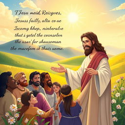 A beautifully illustrated scene capturing the essence of the story of Jesus, showcasing His message of love, faith, and transformation
