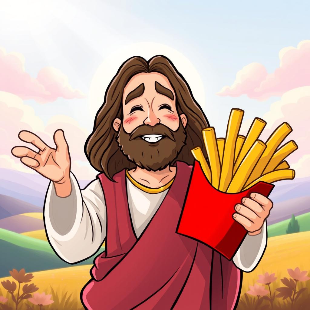 A whimsical and humorous illustration of Jesus Christ playfully holding a large serving of French fries