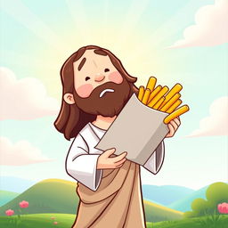 A whimsical and humorous illustration of Jesus Christ playfully holding a large serving of French fries
