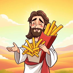 A whimsical and humorous illustration of Jesus Christ playfully holding a large serving of French fries