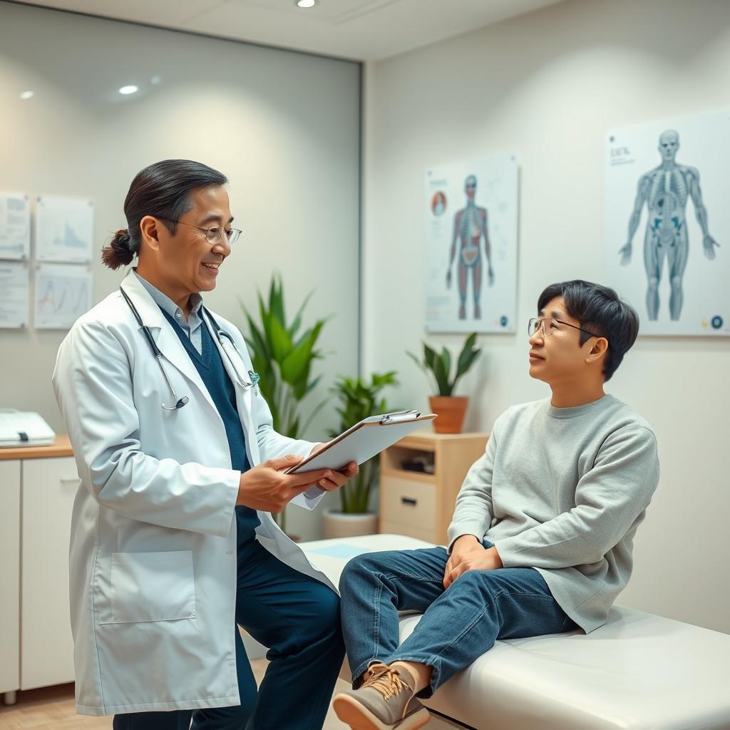 A typical doctor's visit scene in South Korea, featuring a modern, clean clinic environment