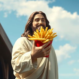 A realistic and artistic depiction of Jesus Christ, joyfully holding a large serving of French fries