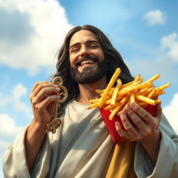 A realistic and artistic depiction of Jesus Christ, joyfully holding a large serving of French fries