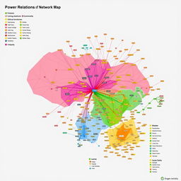 A detailed color-coded map depicting the complex networks of power relations within a community, showcasing various types of connections including political, economic, cultural, and kinship ties
