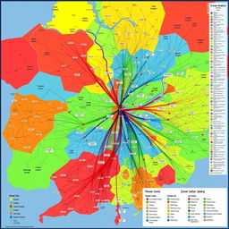 A detailed color-coded map depicting the complex networks of power relations within a community, showcasing various types of connections including political, economic, cultural, and kinship ties