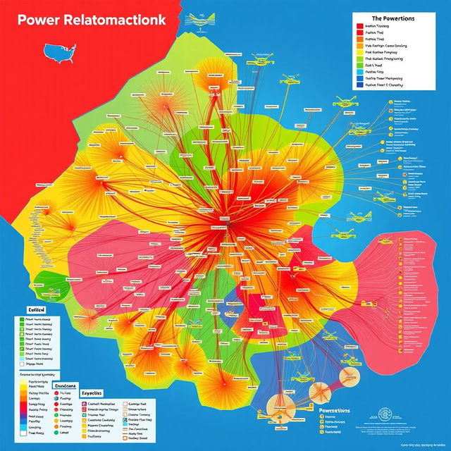 A detailed color-coded map depicting the complex networks of power relations within a community, showcasing various types of connections including political, economic, cultural, and kinship ties